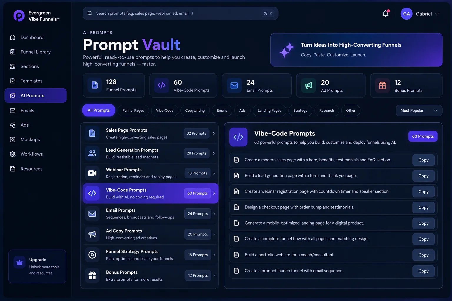 Prompt Vault — 128 funnel prompts, 60 Vibe-Code prompts and more