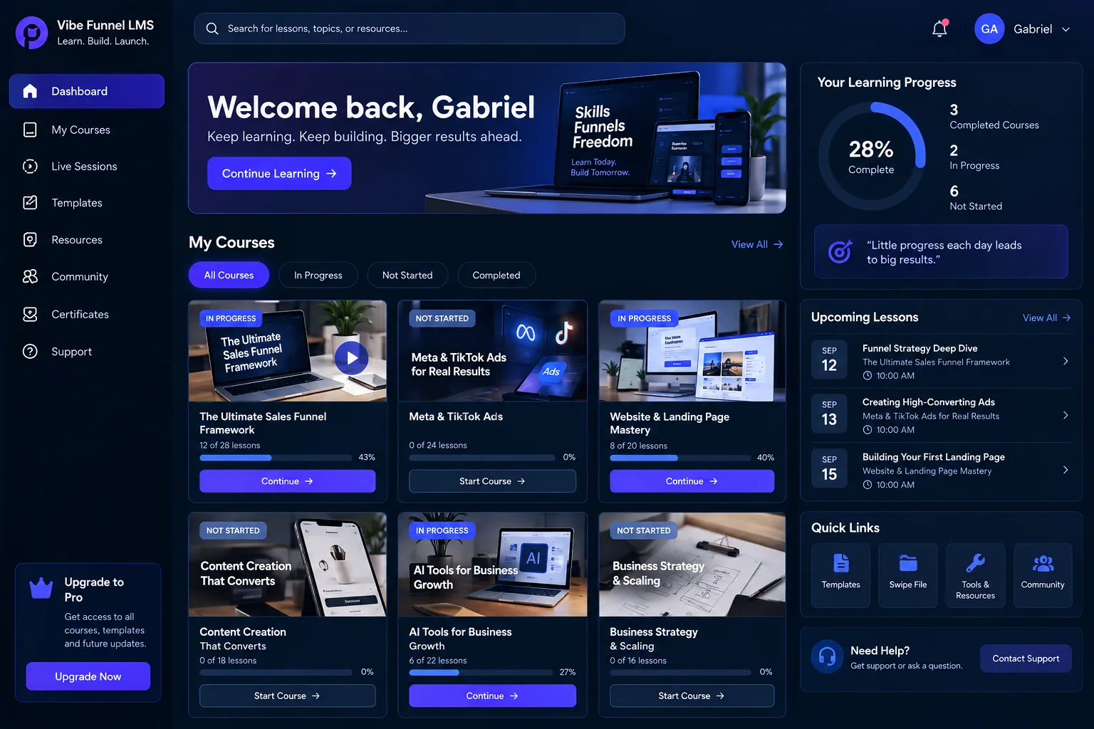Vibe Funnel LMS — learning dashboard